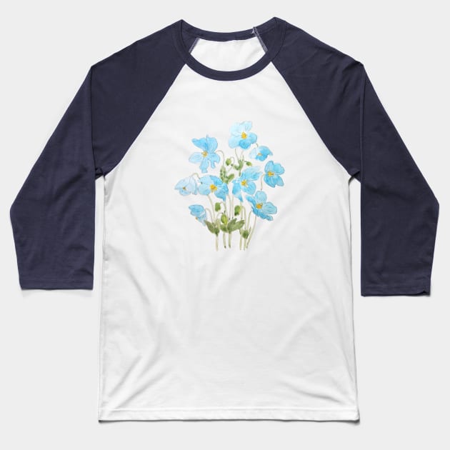 blue Himalayan blue poppy ink and  watercolor Baseball T-Shirt by colorandcolor